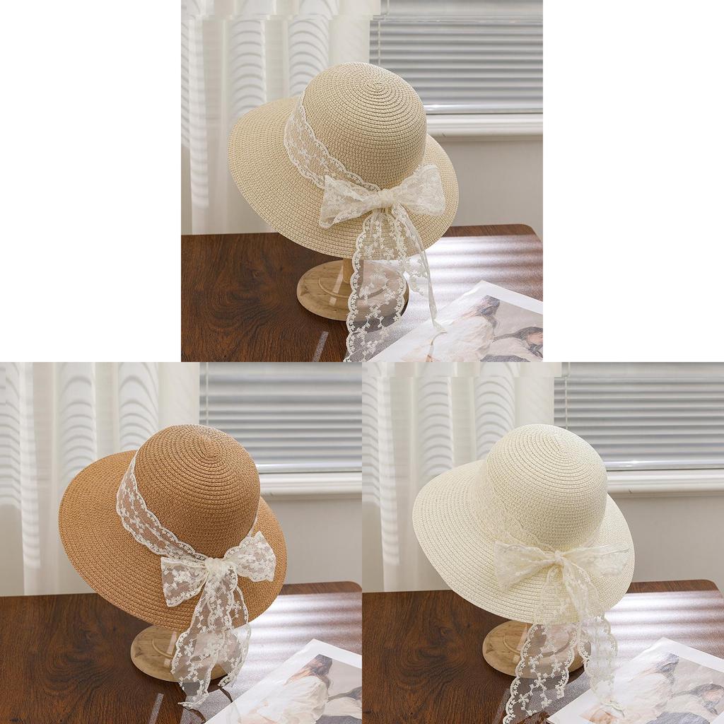 French Lace Ribbon Sun Hat With Wide Brim For Summer Beach Vacation Girls