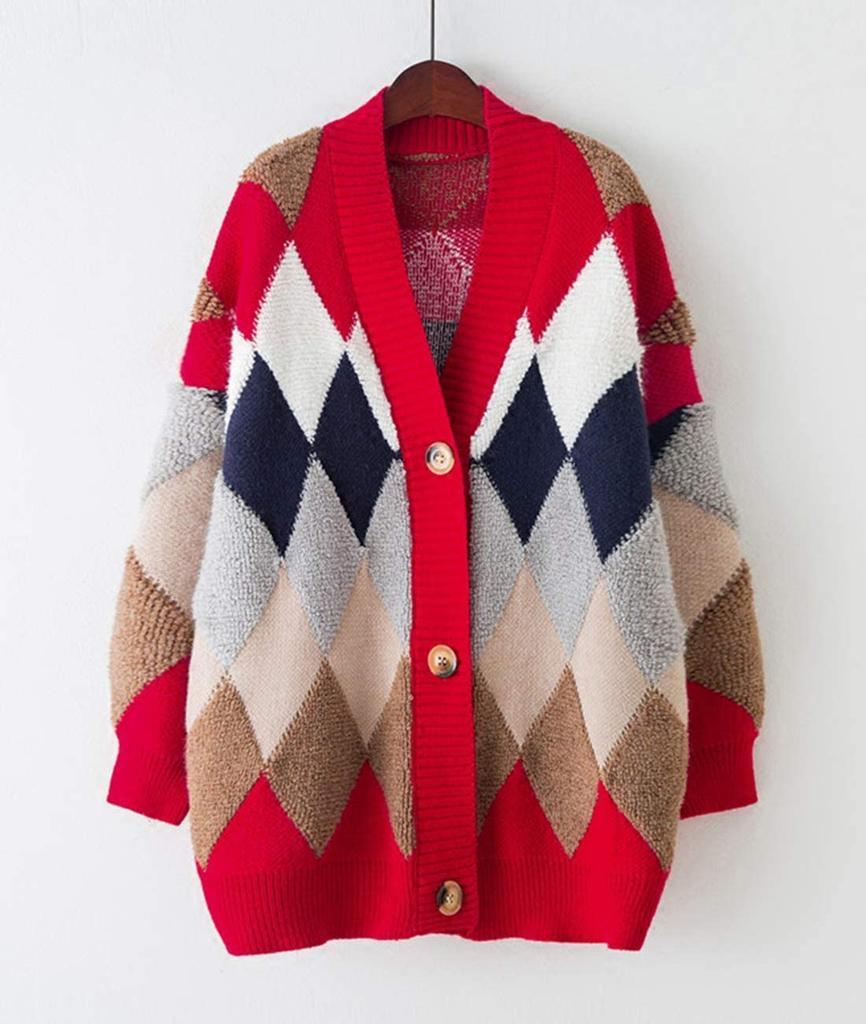 Henri Fluffy Argyle Thick Warm and One Size Fits Korean Short Long Long Sleeve Adult Down Lightweight Boa Long School Cardigan, Outerwear,