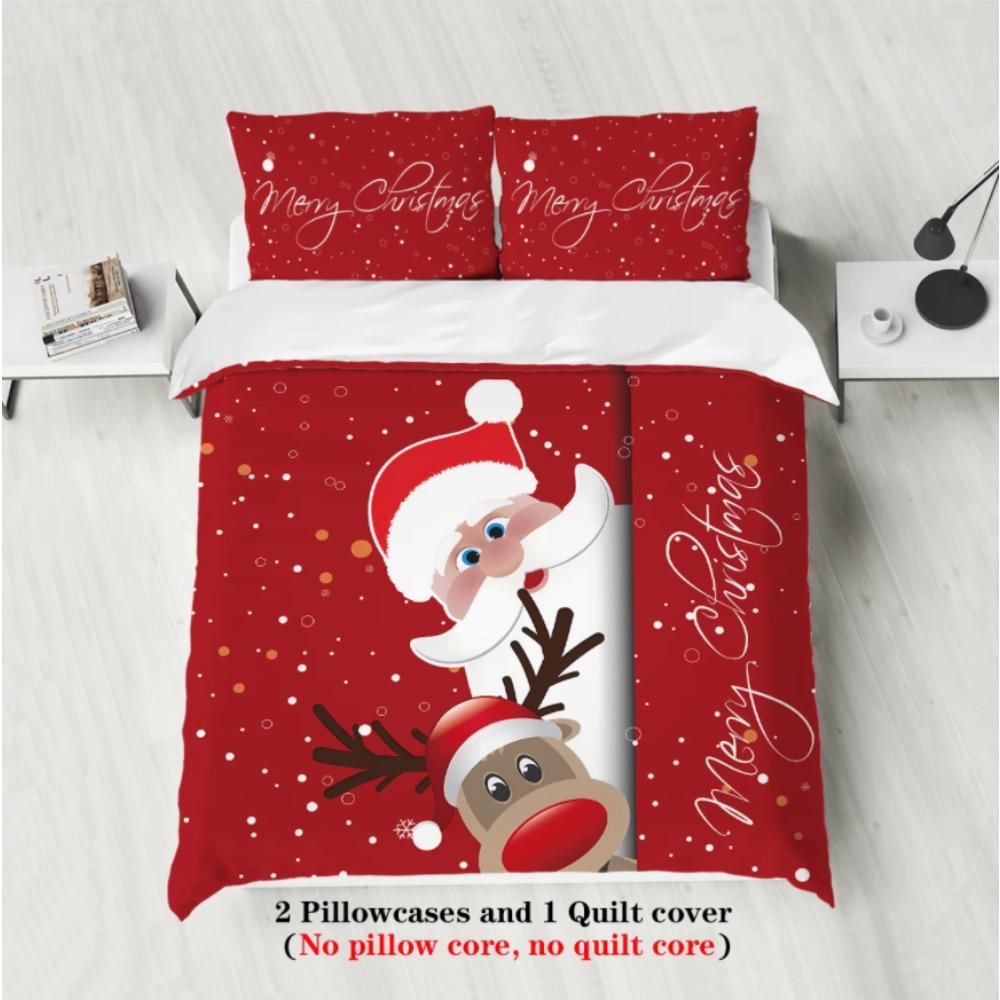 3pcs Santa Claus Printed Bedding Set Multiple Sizes To Choose From Machine Washable Christmas Gift
