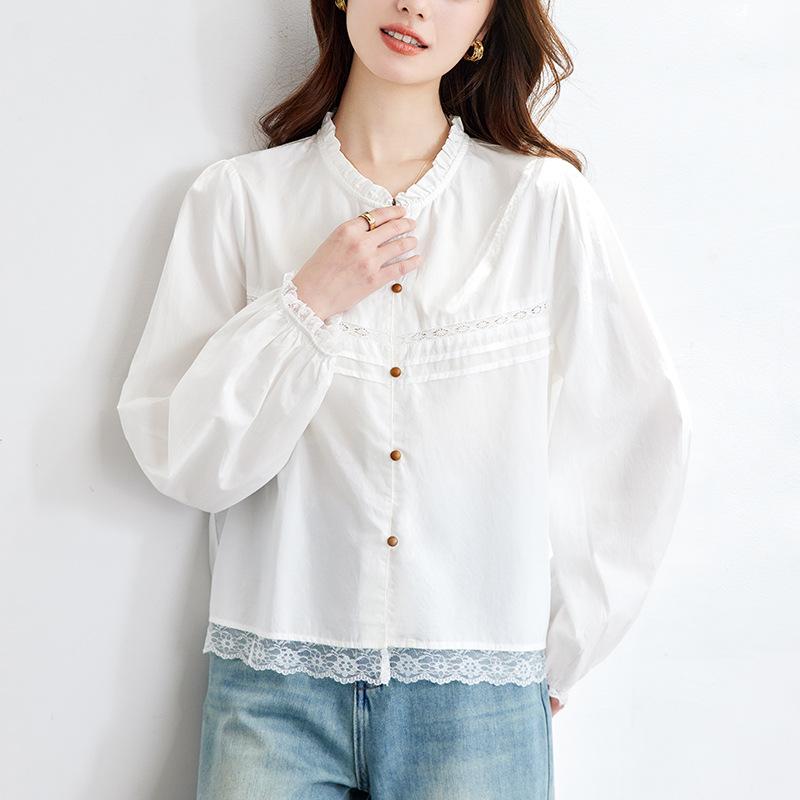 Lace Embroidered Pleated Long-sleeved Blouse Literary Simple Sweet and Adorable Round Neck Versatile Long-sleeved Blouse