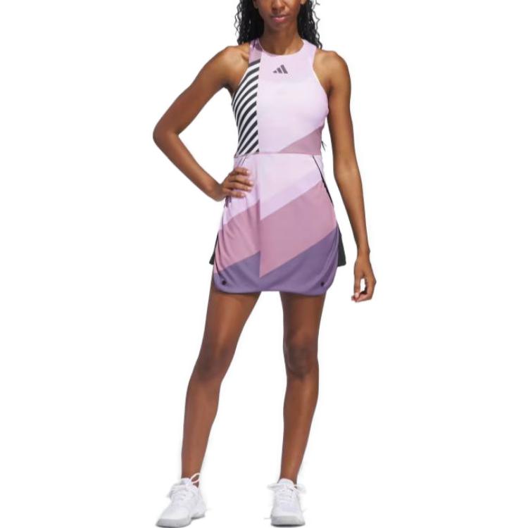 Adidas Originals Striped Short Sleeve Fitted Dress Women Dresses Purple IL9594
