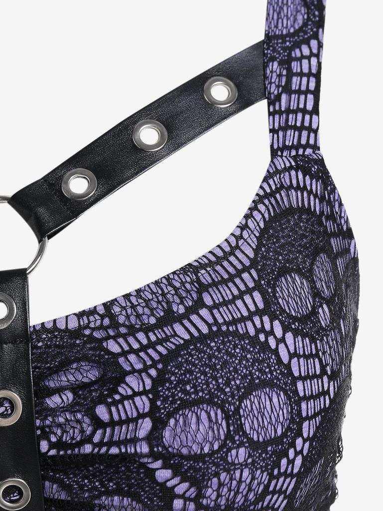 Rosegal Plus Size Gothic Harness Grommets Skull Lace Knee Length Dress