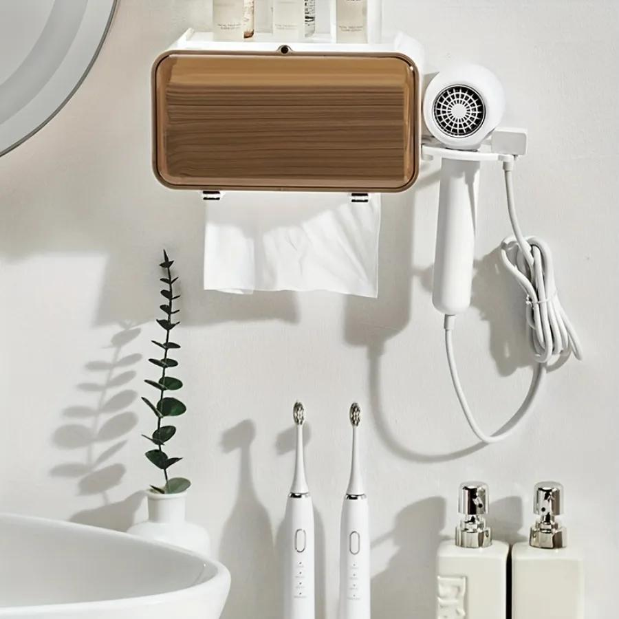 1 buc Cutie de depozitare fără perforare Cutie de șervețele extractibilă Suport neperforat pentru uscător de păr Rafturi de depozitare suspendate pentru toaletă, sufragerie