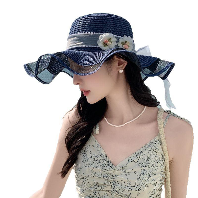 New hat women's summer small fresh straw hat sweet streamer beach hat vacation sunshade sun hat