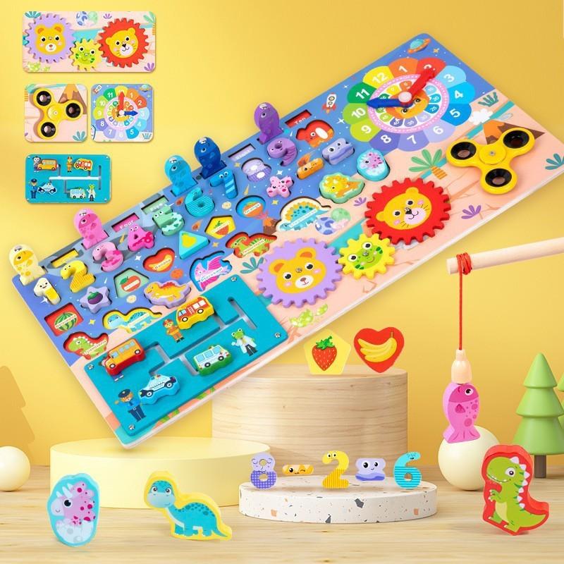 Wooden cartoon dinosaur fishing logarithmic board shape matching digital puzzle building block cognitive baby enlightenment toy