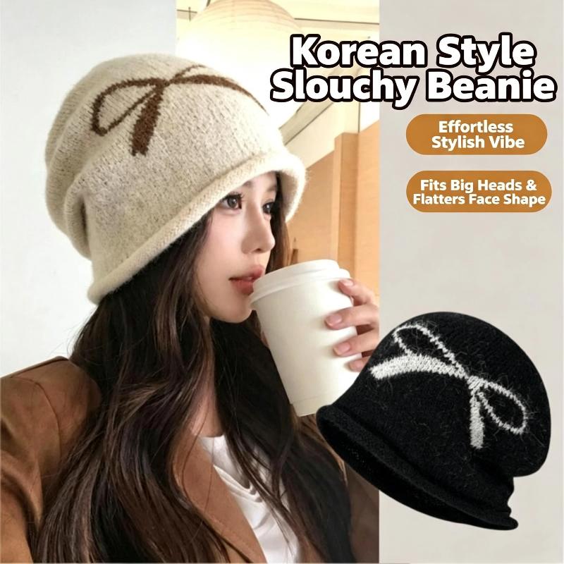 Cute Bow Pattern Knitted Slouchy Beanie Soft Warm Big Head Friendly Cozy Hat for Girls Autumn Gift Option