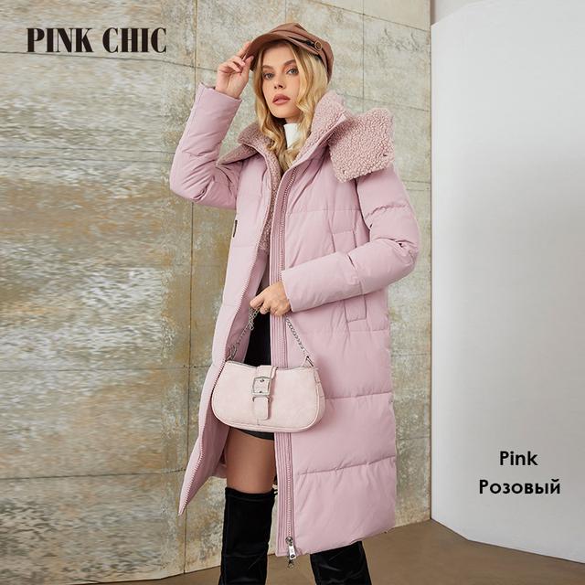 PINK CHIC 2023 New Winter Coat Women Down Jackets High Quality Fur Collar Warm Hooded Long Version Parka Female W6607