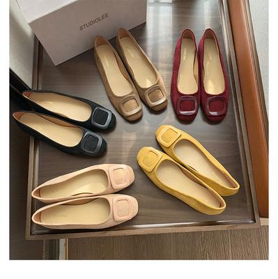 Sheepskin Version~ Leather French Square Buckle Shallow Mouth Single Shoes Women's New Round Head One-pedal Flat Commuter Ballet Shoes