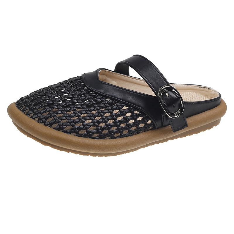 

Полые сетчатые дышащие сандалии-полушлепанцы на плоской подошве для женщин, весна-лето 2025, новые, в стиле ретро, повседневные сандалии Мэри Джейн 35