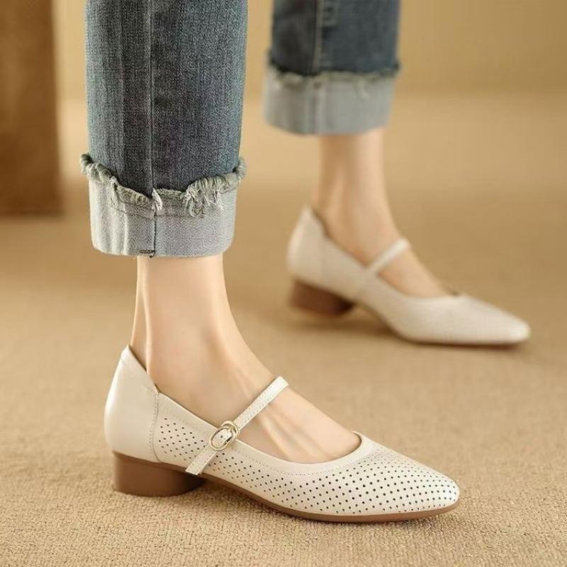 Large Size Hollow Small Leather Shoes Summer Thin Hole Shoes with Soft Leather Mother Shoes Soft Sole Mary Jane Single Shoes Women