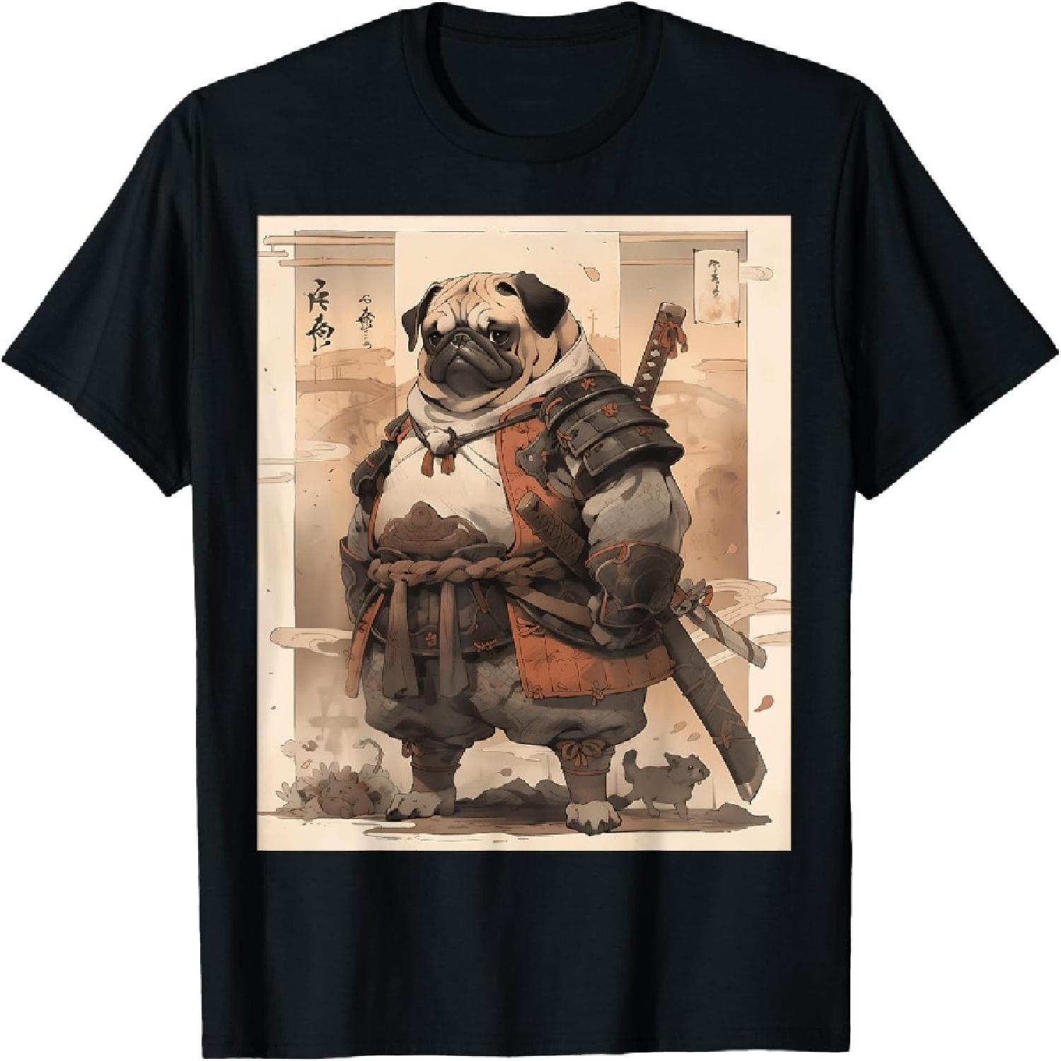 Самурай мопс Собака Винтаж Ретро Укиё-э Воин Искусство Японский Мужчины Женщины Дети Футболка S
