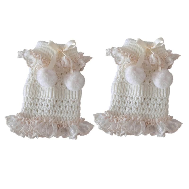 Fashionable Plush Balls Bows Adorned Leg Warmers with Lace Detail for Women's Hollowout Knitted Short Leg Covers Sleeves