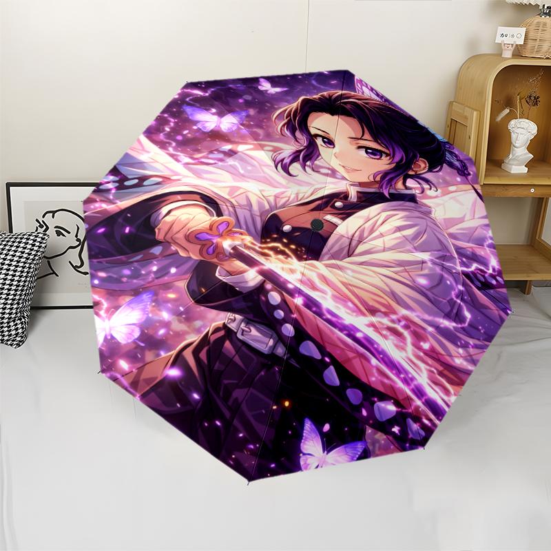 Automatický deštník s potiskem Kochou Shinobu z Demon Slayer, 8 žeber s železnou konstrukcí, plastová rukojeť, vhodný pro cestování venku a denní použití, ideální dárek