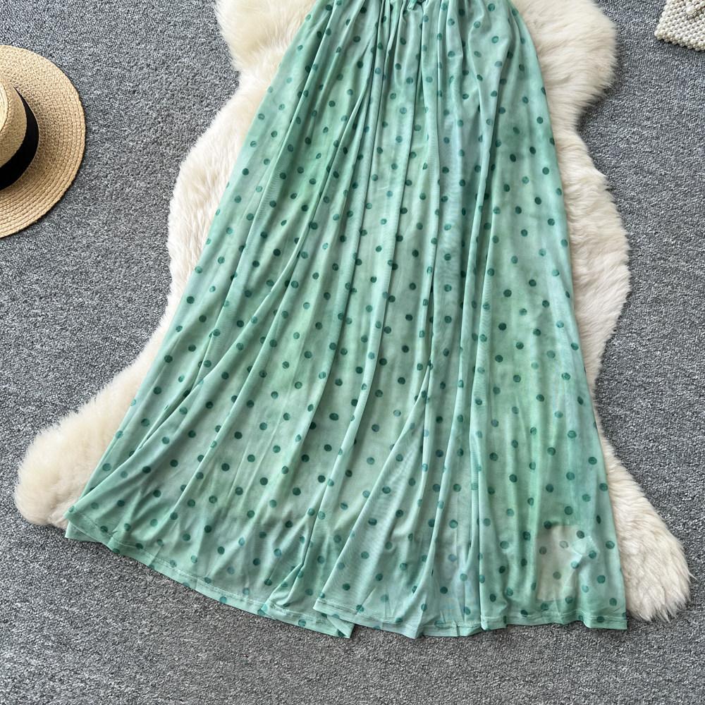 French holiday wind green polka dot suspender dress women's summer versatile high waist and thin temperament long dress