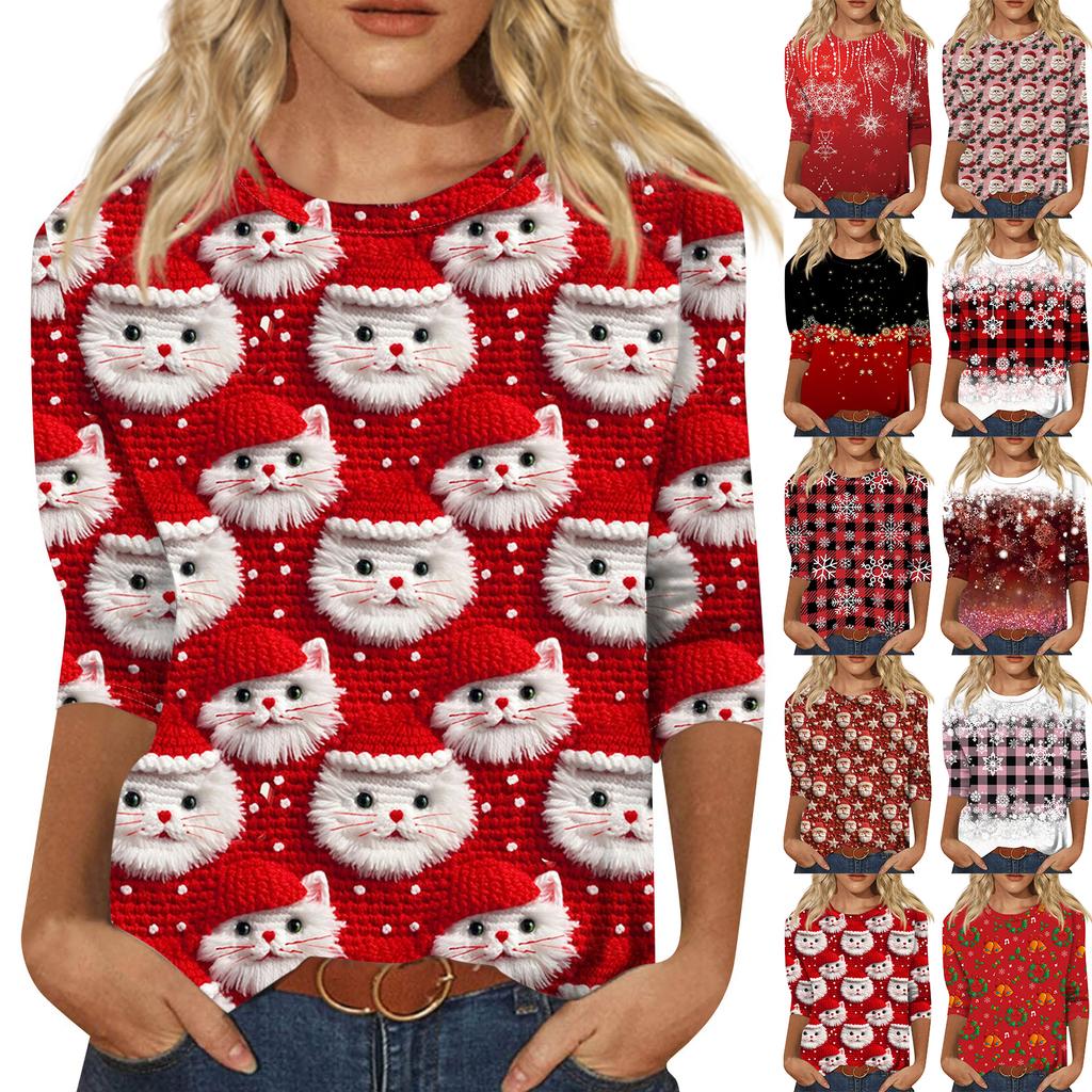 Dámská móda ležérní tričko s kulatým výstřihem, 3/4 rukávem, volným potištěným tričkem, dámský top