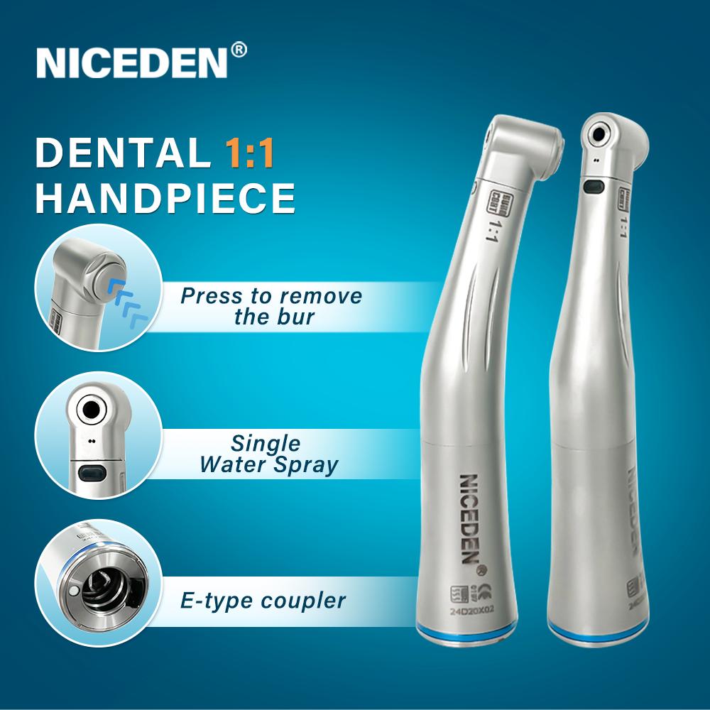 Niceden Dental 1:1 LED Fiber Optic Handpiece Internal Water Spray Contra Angle Push Button Chuck Blue Ring Low Speed Handpiece