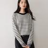 Women's Loose Striped 12-Gauge Cashmere Knit Top with Contrast Color and Round Neck