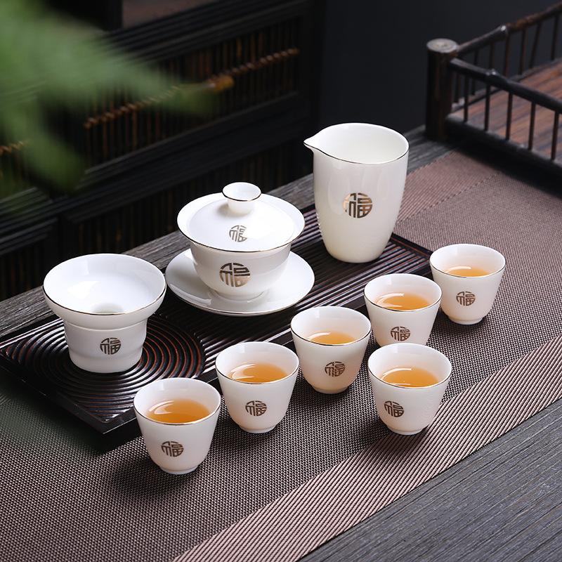 Ceramic suet jade porcelain kung fu tea set cover bowl teacup business company festival gifts