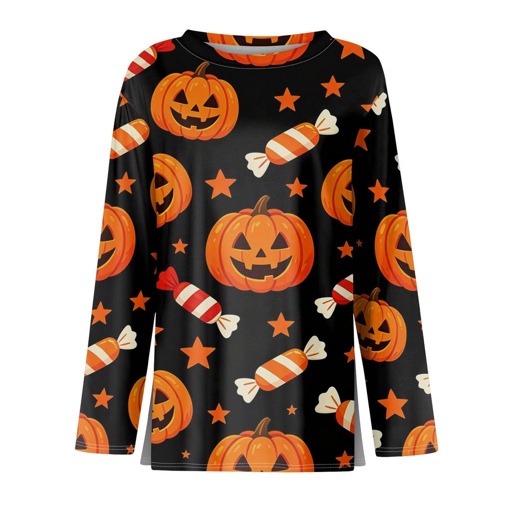 Women Long Sleeve Crew Neck Top Halloween Print Split Hem Casual Loose Fit Pullover Shirt for Fall Seasonal Wear