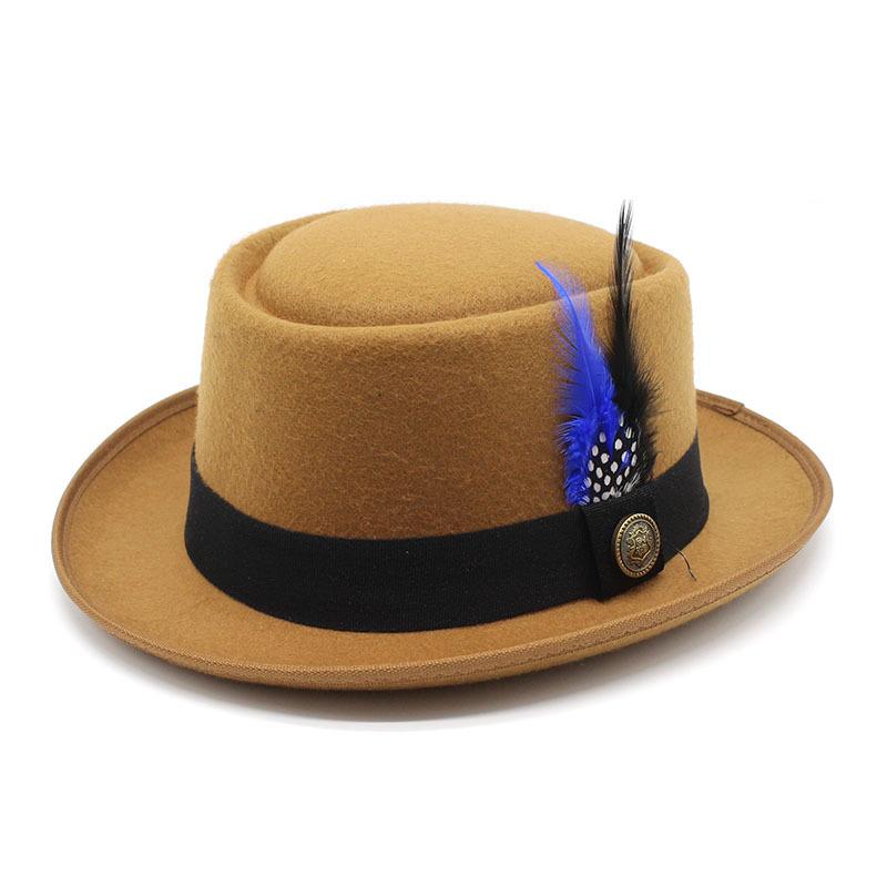 Men'S And Women'S Woolen Top Hats, Bowler Woolen Top Hats, Gentleman'S Jazz Hats, Black And Blue Feathers Czy-224