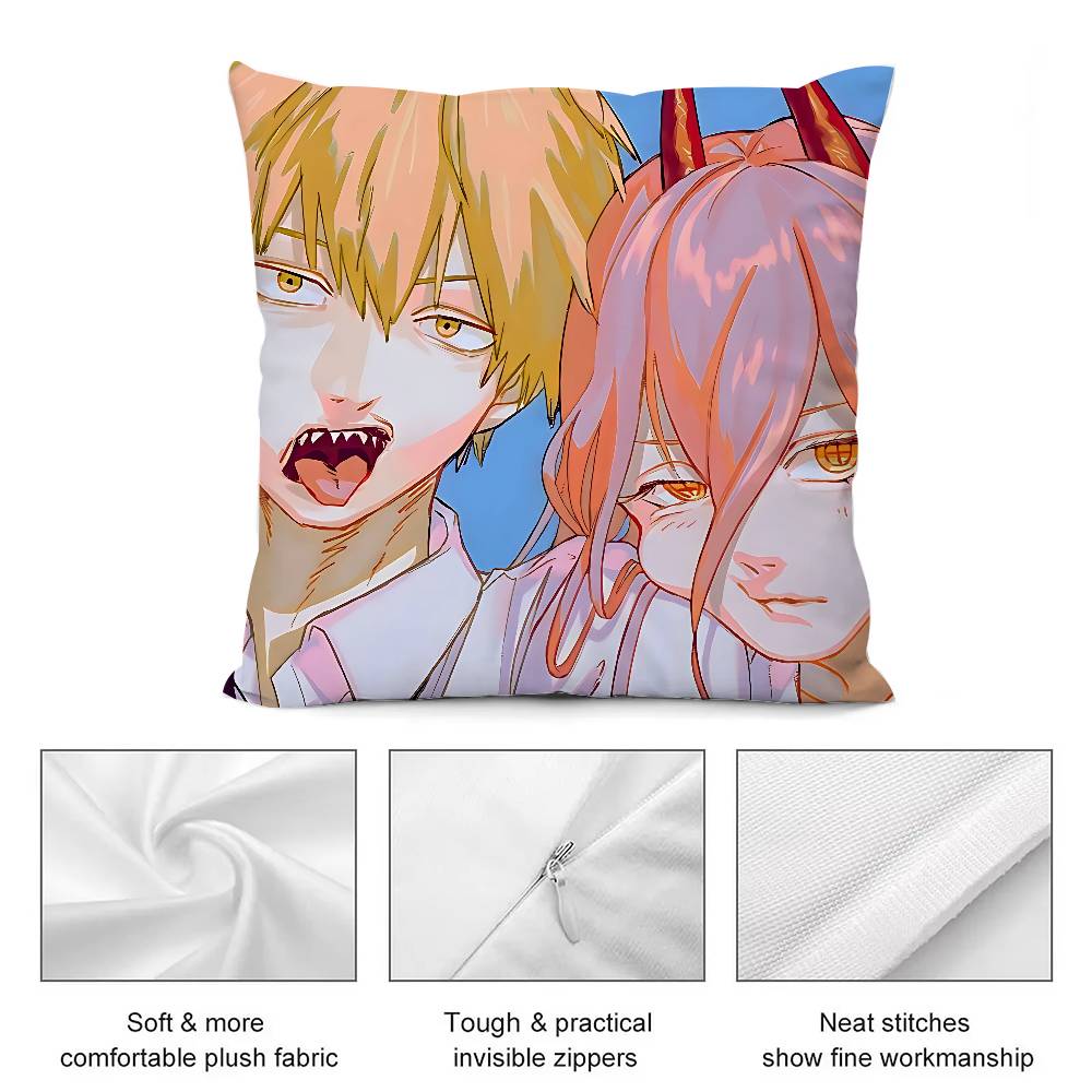 Cute C-Chainsaw-Man Kawaii Pillow Case Cushion Cover Soft Cute Throw Pillow Case For Car Sofa Pillowcase Polyester With Zipper
