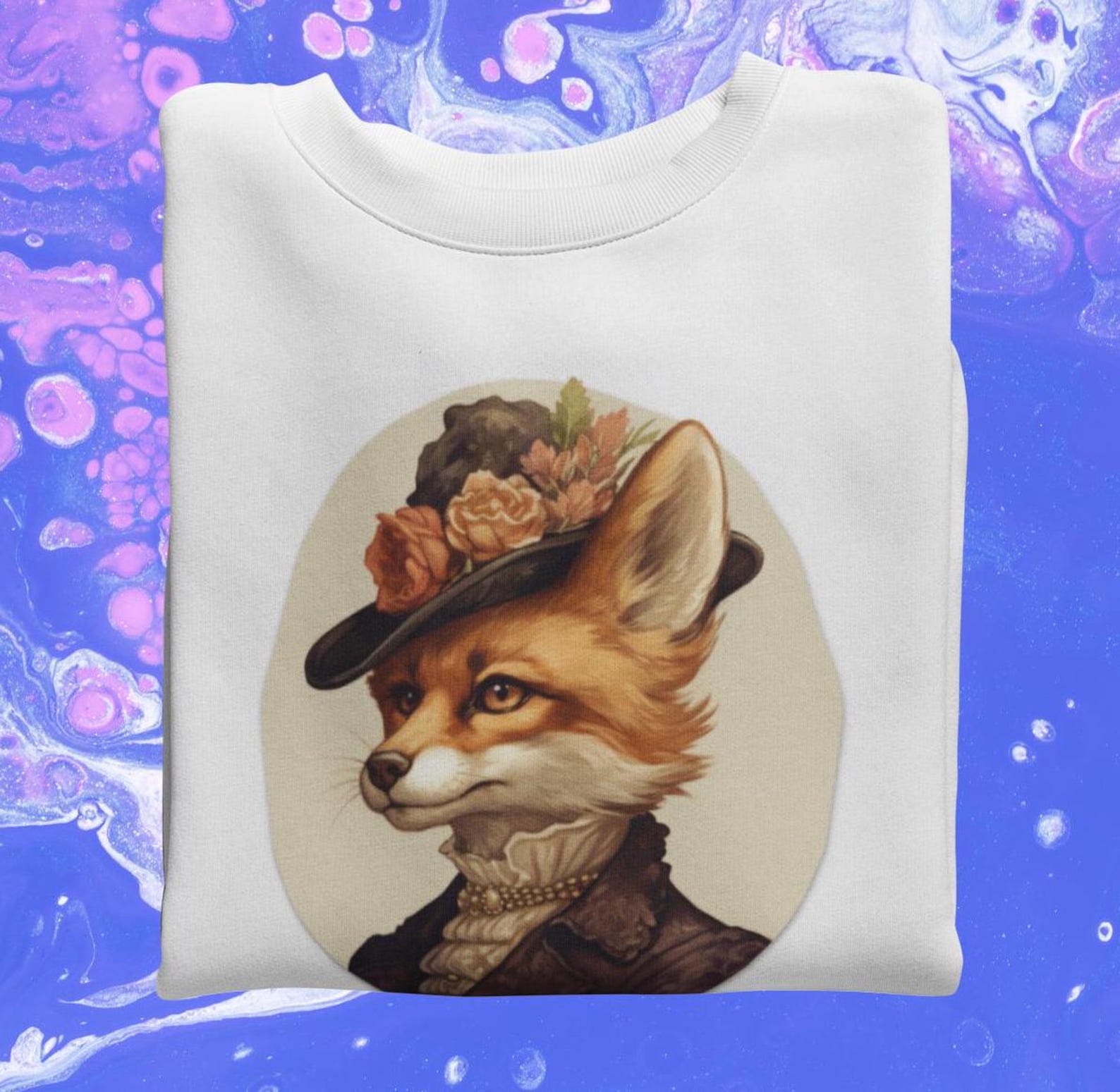 Victorian Fox Lady T-Shirt: Elegant Animal Graphic Tee 4XL