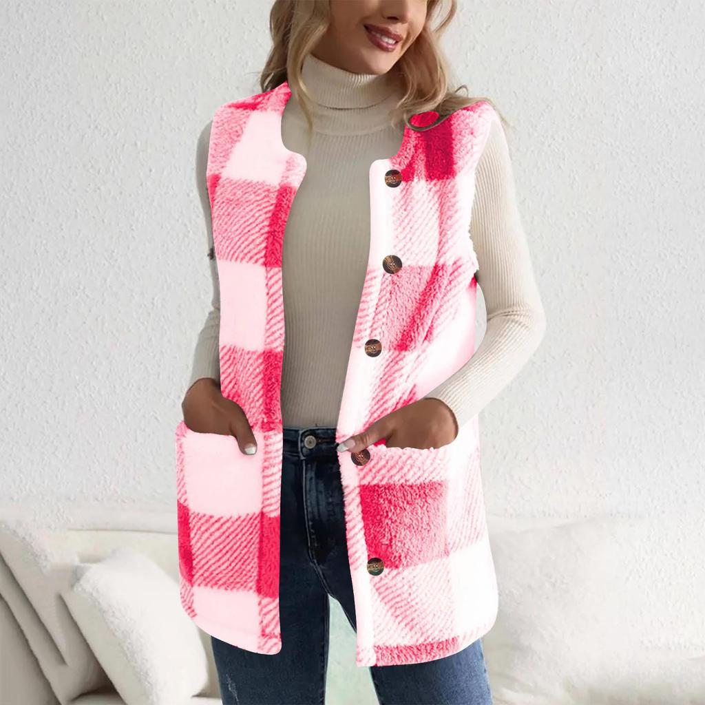 Fashionable Women's Plaid Print Double-Sided Plush Button Pocket Cardigan Casual Female Vest