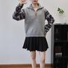 Autumn new splicing plaid shirt fake two-piece sweater pullover design semi-zipper knitted sweater top women