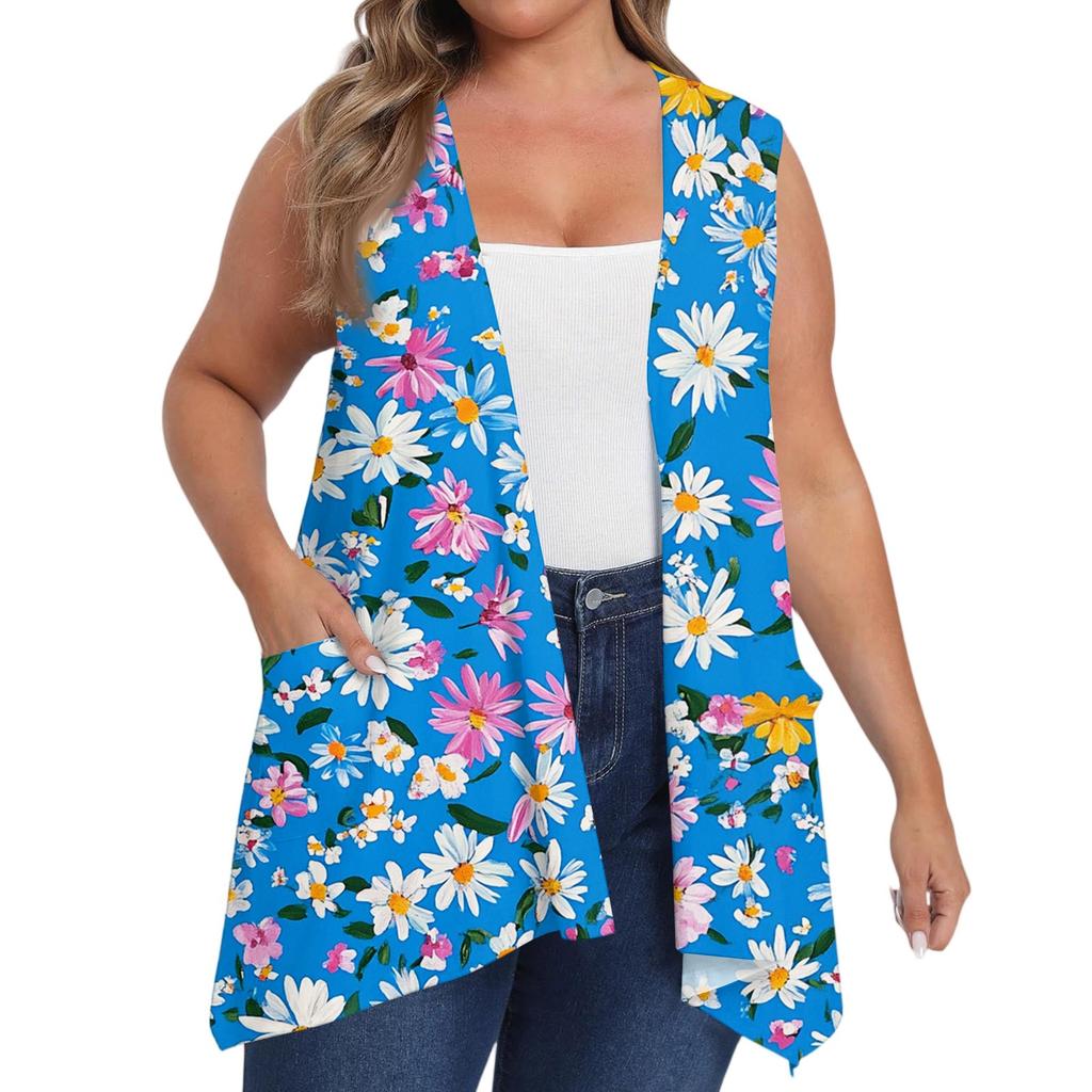 Women's Oversized Loose Casual Printed Sleeveless Vest With Pocket Cardigan Jacket Cardigan Jacket