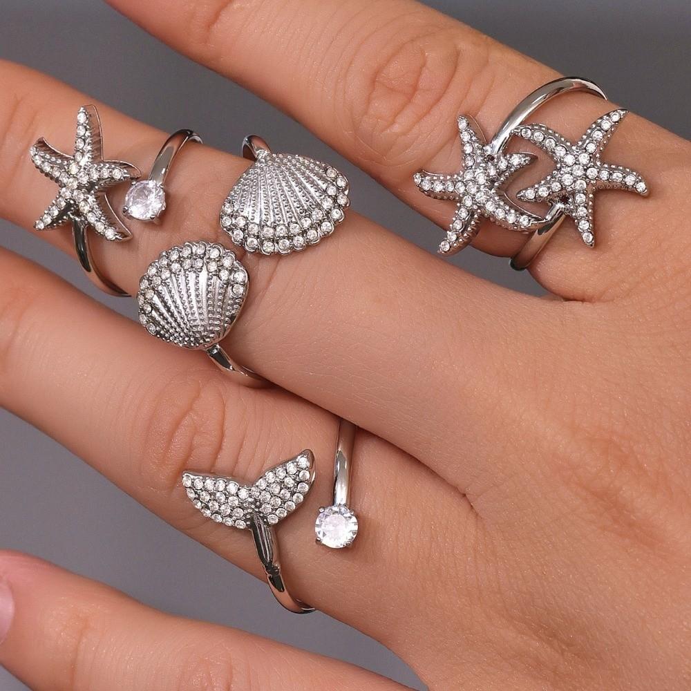 Exquisite Fish Tail Starfish Shell Finger Ring Jewelry Ocean Style Ring Cubic Zirconia Ring  Summer