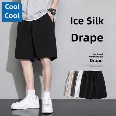 Summer Loose-fit Men's Sports Mid-waist Shorts Lightweight Black Ice Silk Five-poin