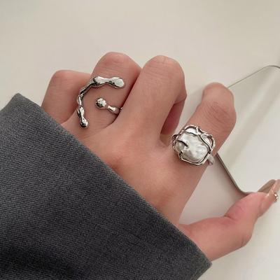 Retro Geometric Irregular Pearl Ring Female Ins Niche Design Light Luxury Personality Opening Adjustable Finger Ring Tide Everyday Dainty Ring