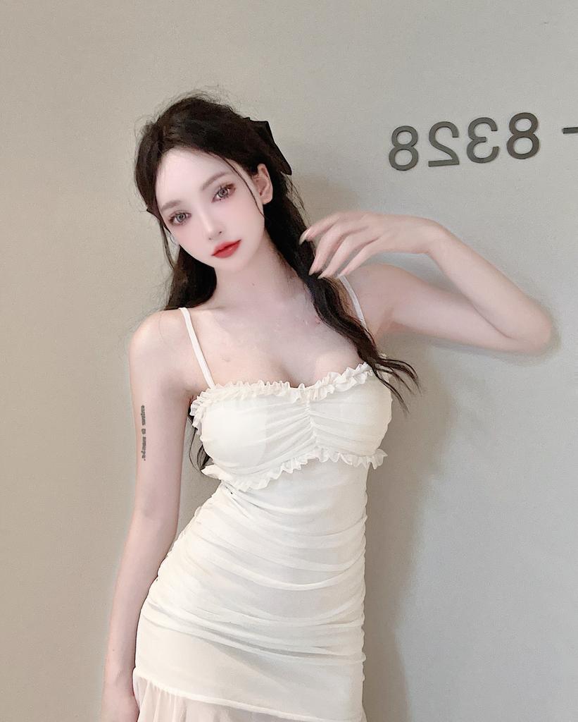 Summer women's clothing low-cut v-neck mesh hip-wrapped short skirt, sexy temperament and thin tube top suspender dress