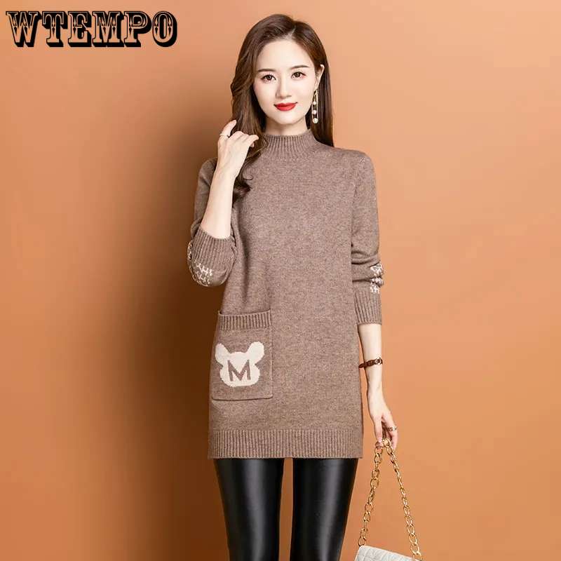 Half Turtleneck Sweater Mid-length Pullover for Women Solid-color Loose Sweater Jacquard Knitted Sweater Top