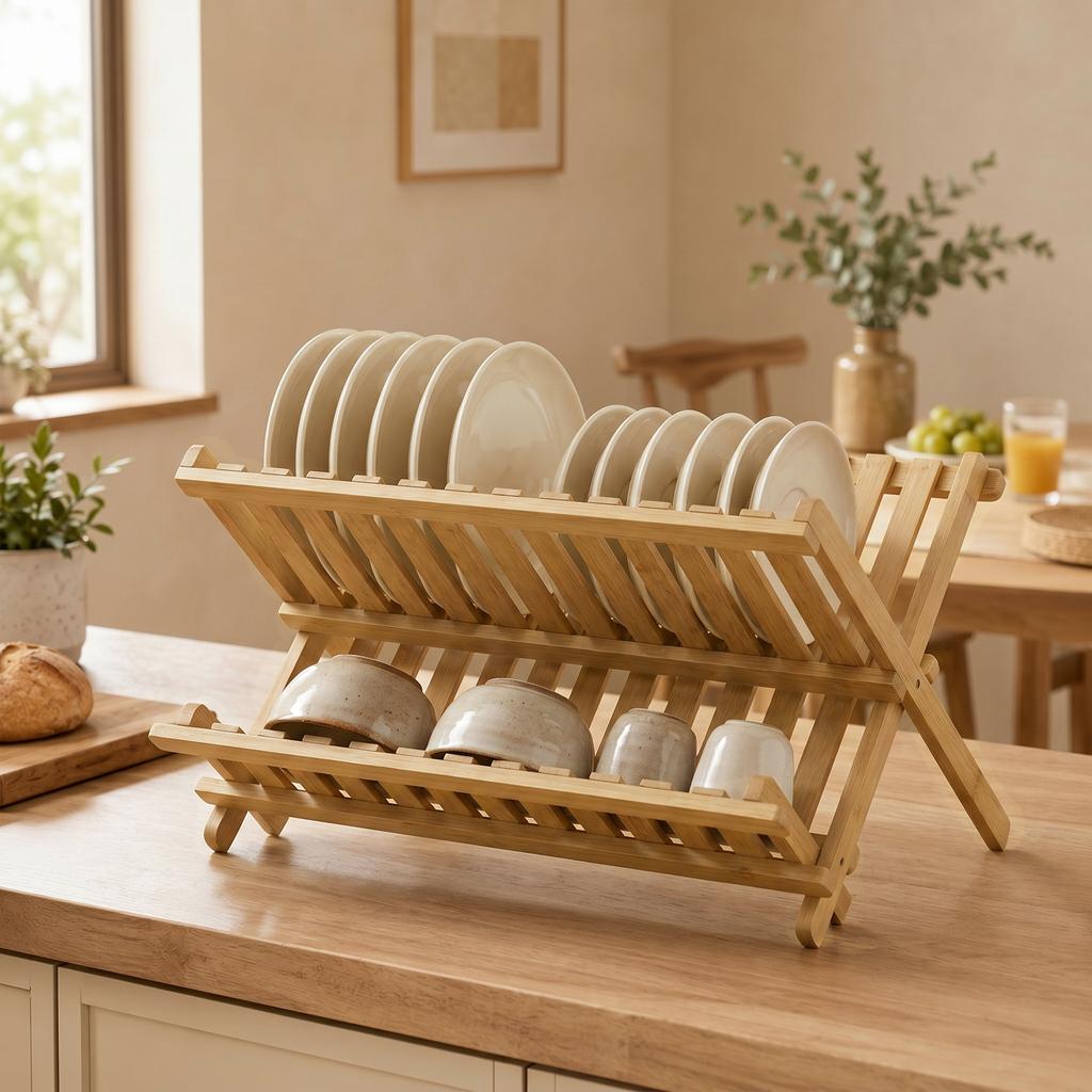 Kitchen Storage Unit, 2-Tier Foldable Kitchen Storage Rack with Slatted Draining Shelves, Natural Wood Finish
