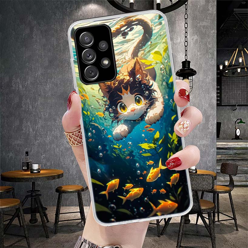 Cartoon Cute Cat Fish Aesthetic Soft Phone Case For Samsung Galaxy A12 A22 A32 A52 A72 A02S A51 A50S A71 A70 A31 A20S Note 20 Ul