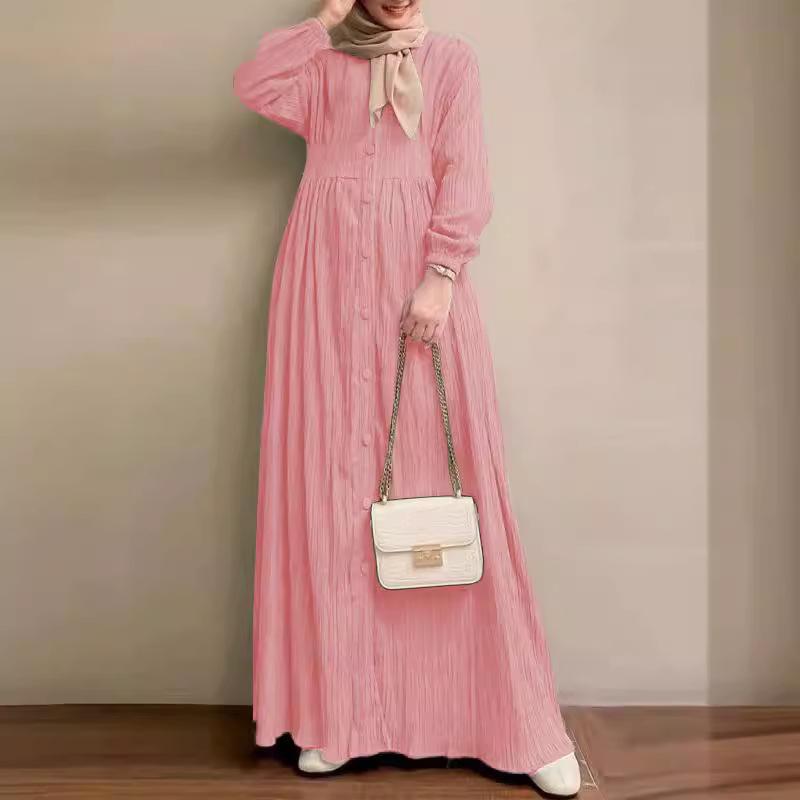 2024 Retro Puff Sleeve Dress: Elegant Solid Color Muslim Women's Clothing for Spring and Autumn