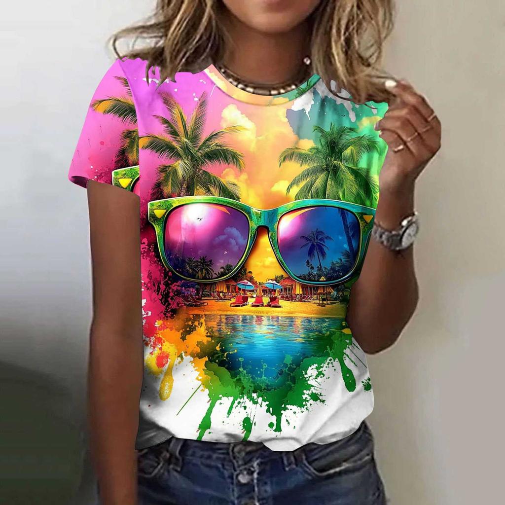 Summer Fruit Coconut Tree Gradient 3D Print Beach T-Shirts Short Sleeve O-Neck Women's T-shirts