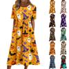 Women's Halloween Print Casual Fashion Round Neck Pocket Midi Dress Comfortable Loose Fit Short Sleeve Dress for Everyday Wear