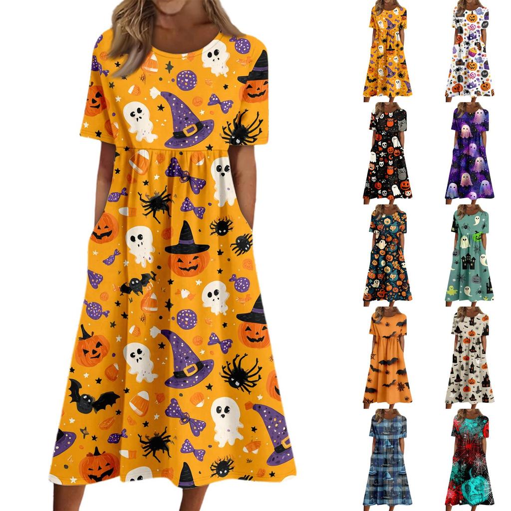 Women's Halloween Print Casual Fashion Round Neck Pocket Midi Dress Comfortable Loose Fit Short Sleeve Dress for Everyday Wear