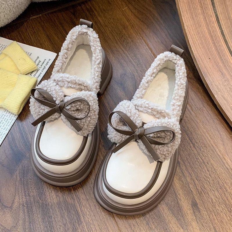 Warm and velvet small leather shoes for women in the winter of 2025, new bow one-pedal loafers thick-soled muffin cotton shoes