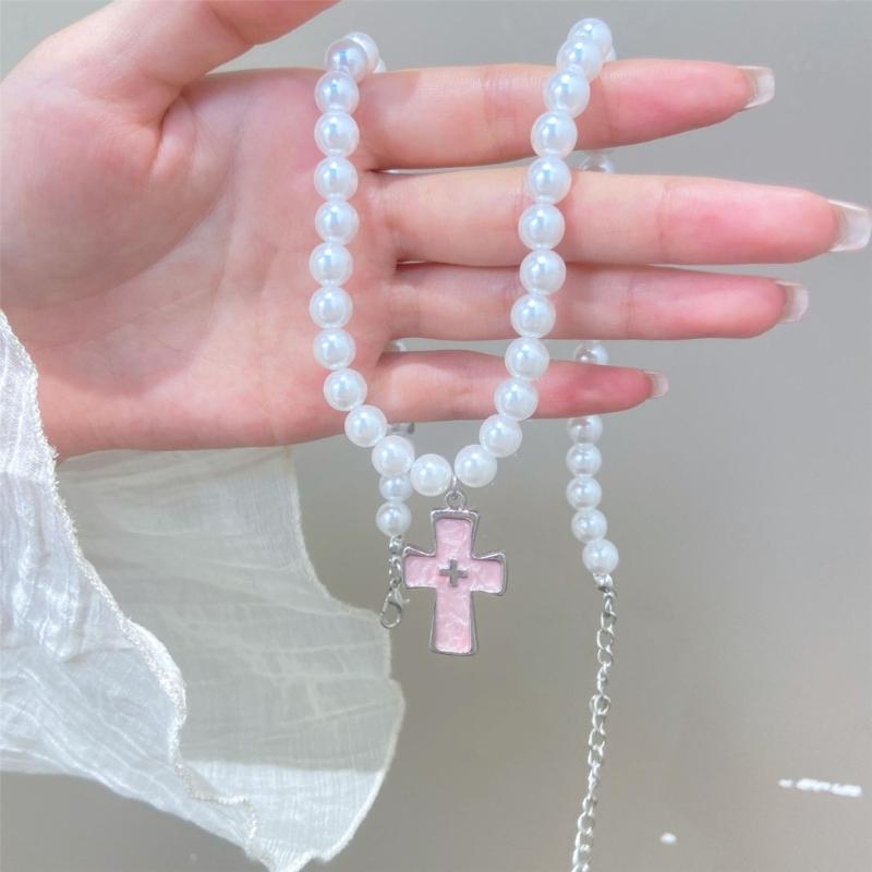Imitation Pearl Beaded Choker Adjustable Length Neckchain Accessory for Ladies Heart/Crucifix/Cats Pendant Necklace
