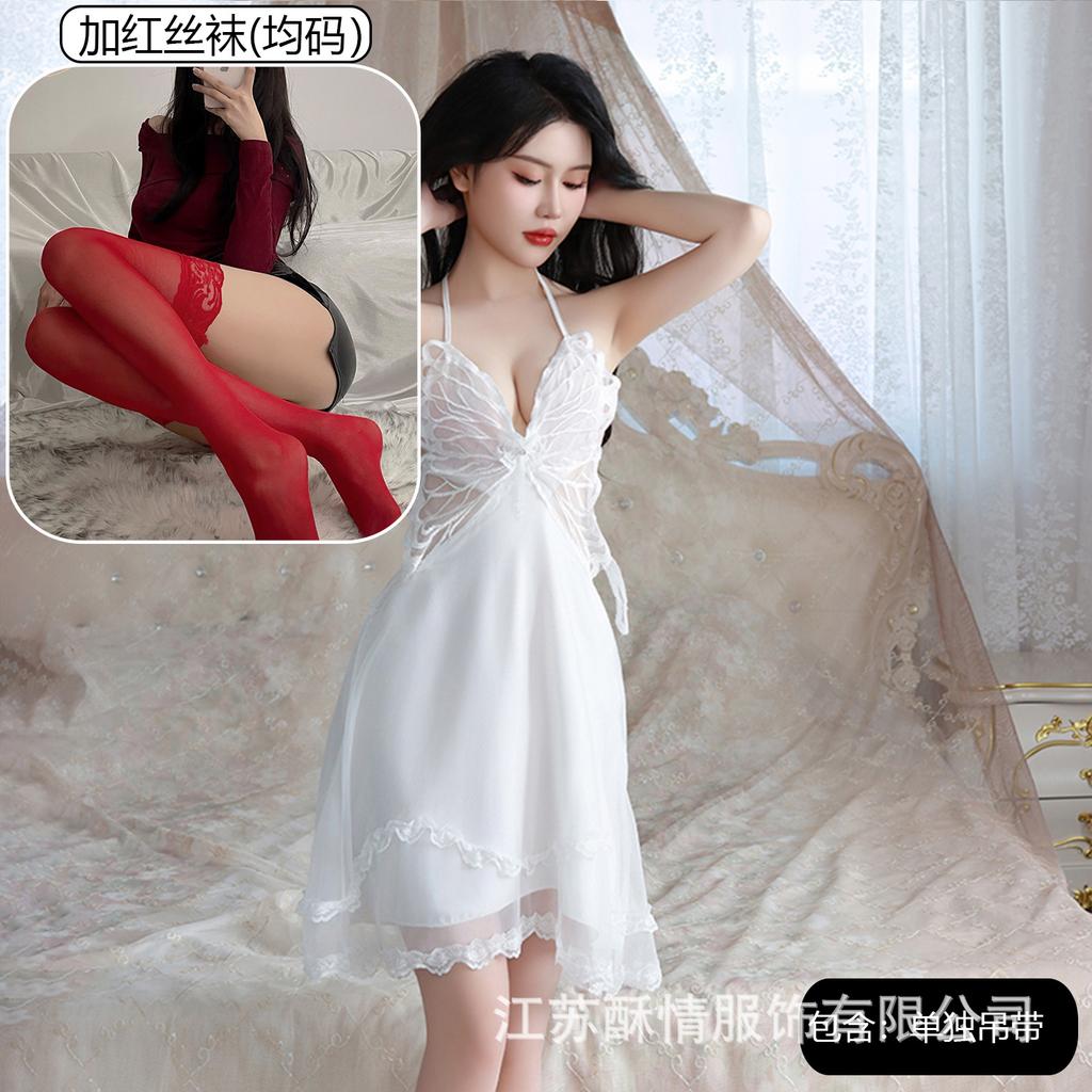 Sexy Underwear Big Butterfly Pure Desire Mesh Pajamas Plus Chest Pads Gather Nightgown Robe Women's Loungewear Set