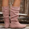 Women Western Mid‑Calf Boots Suede Wrinkle Flat Heel Side Zipper Casual Slouch Boots Fashion Fall Winter Daily Shoes