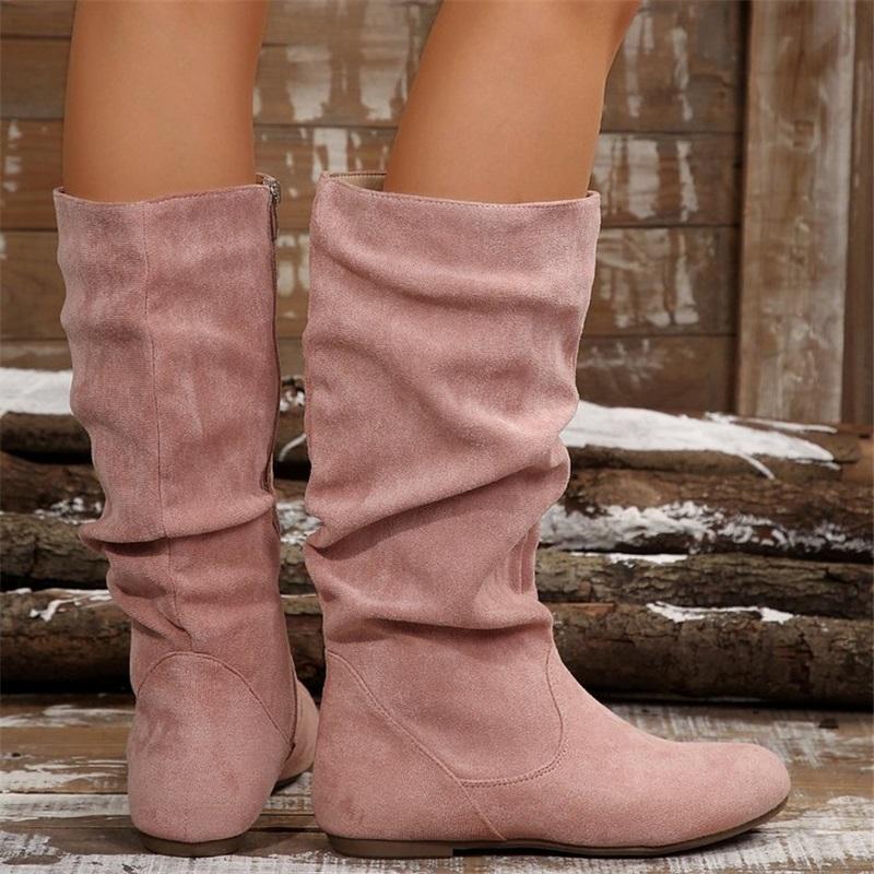 Women Western Mid‑Calf Boots Suede Wrinkle Flat Heel Side Zipper Casual Slouch Boots Fashion Fall Winter Daily Shoes