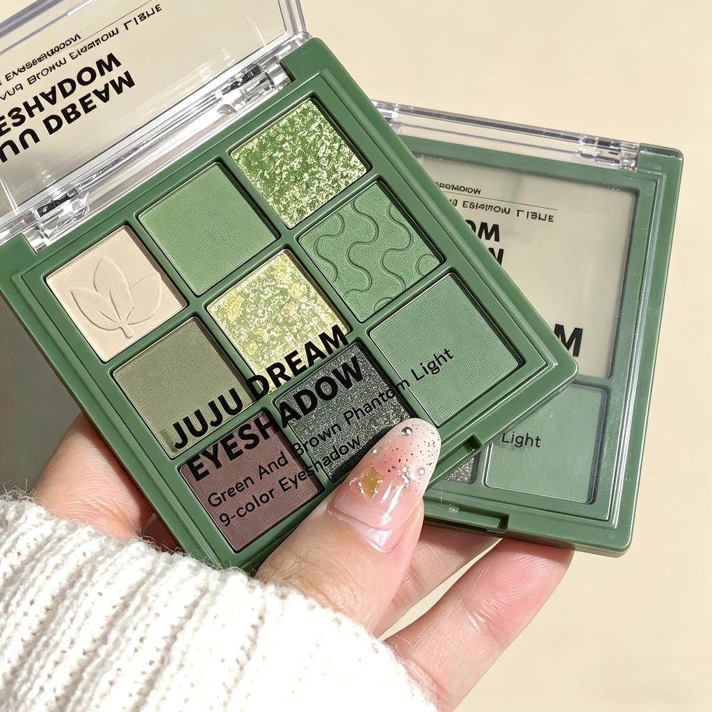 9 Shade Eyeshadow Palette Features Matte,and S Grass-green Tones. Perfect for Festive Occasions and Parties.