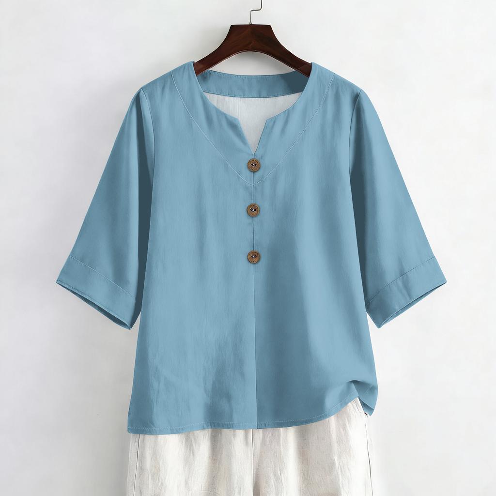 Women's Summer Fashion V-Neck 3/4 Sleeve Linen Shirt - Casual Loose-Fit Top