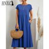 HNXC Women's Fashion Summer Spring Solid Color Print O-Neck High Waist Casual Dresses