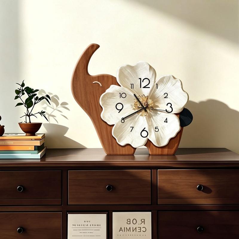 Cream Retro Elephant Flower Table Clock Silent Desk Clock Wooden Creative Decorative Ornament for Living Room Home Decor