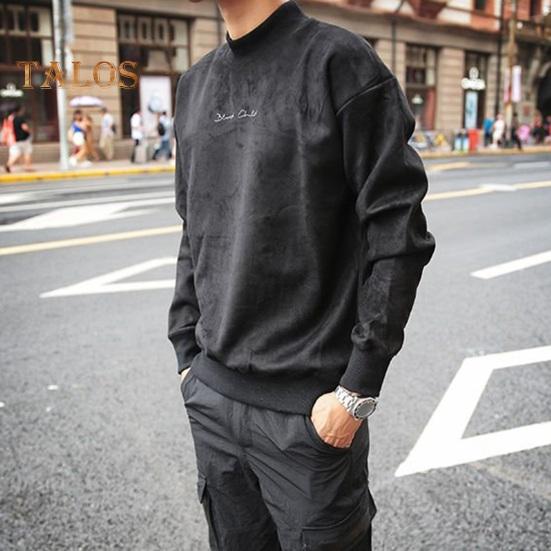 Men Spring Fall Top Double-sided Velvet Half-high Collar Loose Printing Elastic Cuffs Solid Color Loose Pullover Long Sleeves Sport School Daily